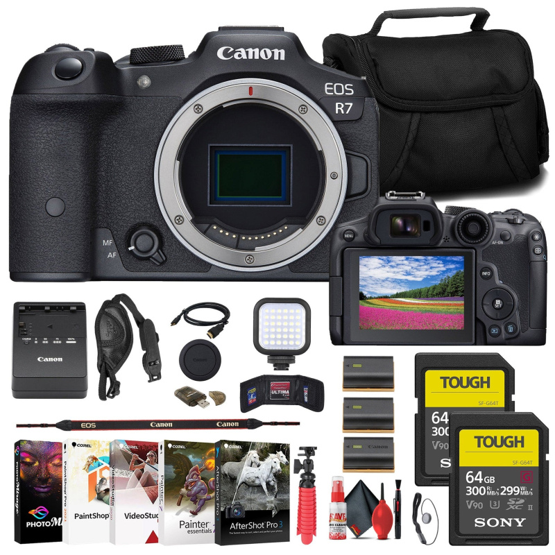 Canon EOS R7 Mirrorless Camera + 2 x Sony 64GB TOUGH SD Card + Bag + More (International Model)