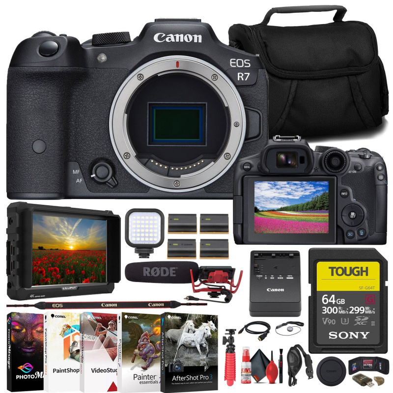 Canon EOS R7 Mirrorless Camera + 4K Monitor + Mic + 64GB TOUGH Card + Bag + More (International Model)