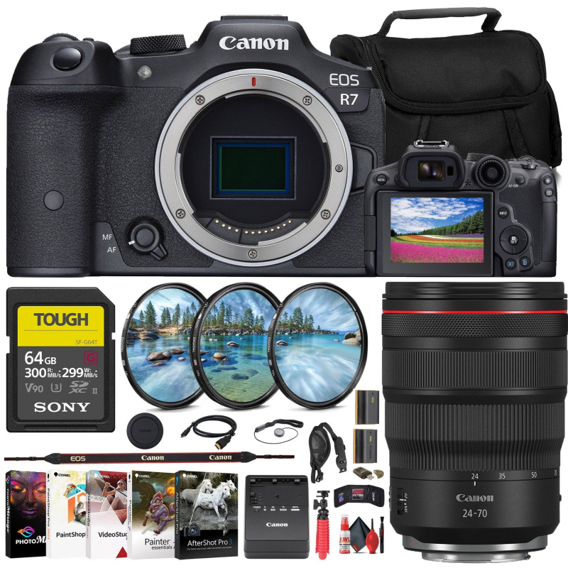 Canon EOS R7 Mirrorless Camera + Canon 24-70mm Lens + 64GB Card + Bag + More (International Model)