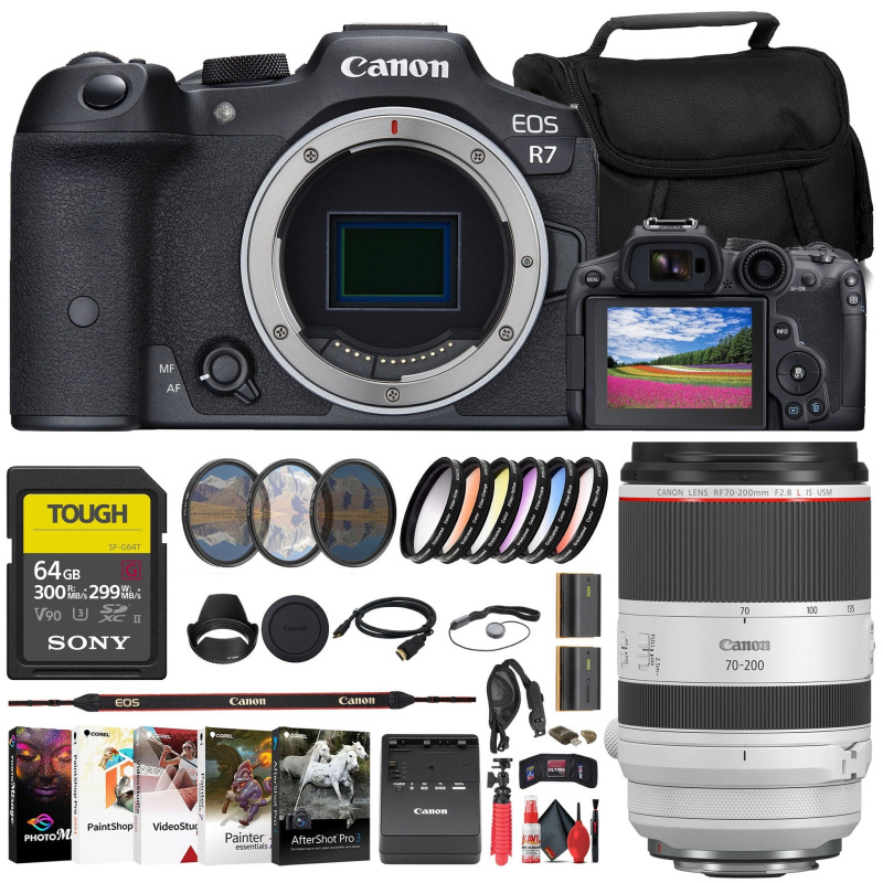 Canon EOS R7 Mirrorless Camera + Canon 70-200mm Lens + 64GB Card + Filter + More (International Model)