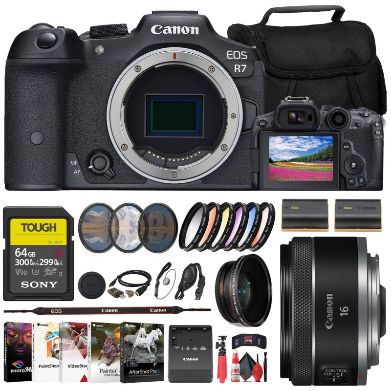 Canon EOS R7 Mirrorless Camera + Canon 16mm Lens + 64GB Card + Filter + Bag + More (International Model)