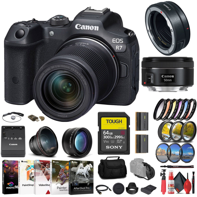 Canon EOS R7 Mirrorless Camera W/ 18-150mm Lens + Canon EF 50mm Lens + More (International Model)