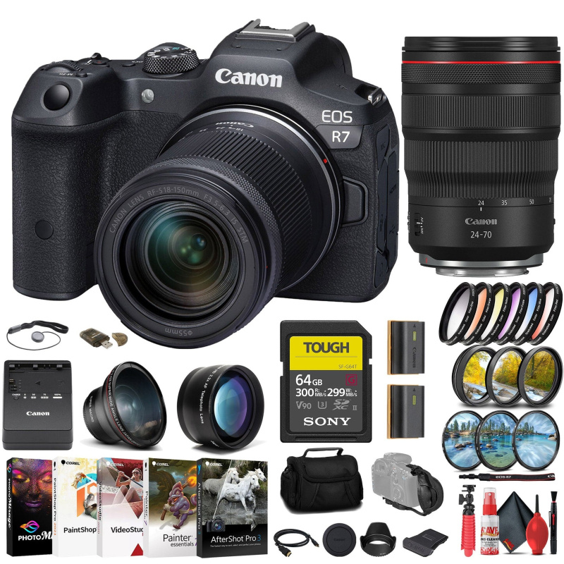 Canon EOS R7 Mirrorless Camera W/ 18-150mm Lens + Canon 24-70mm Lens + 64GB + More (International Model)