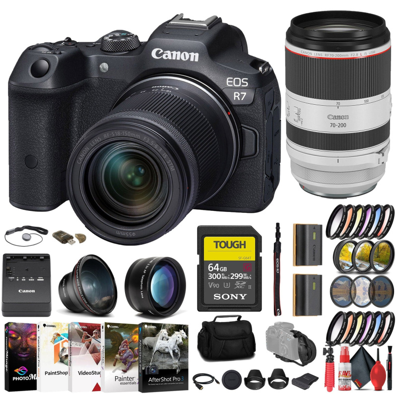 Canon EOS R7 Mirrorless Camera W/ 18-150mm Lens + Canon 70-200mm Lens + 64GB + More (International Model)