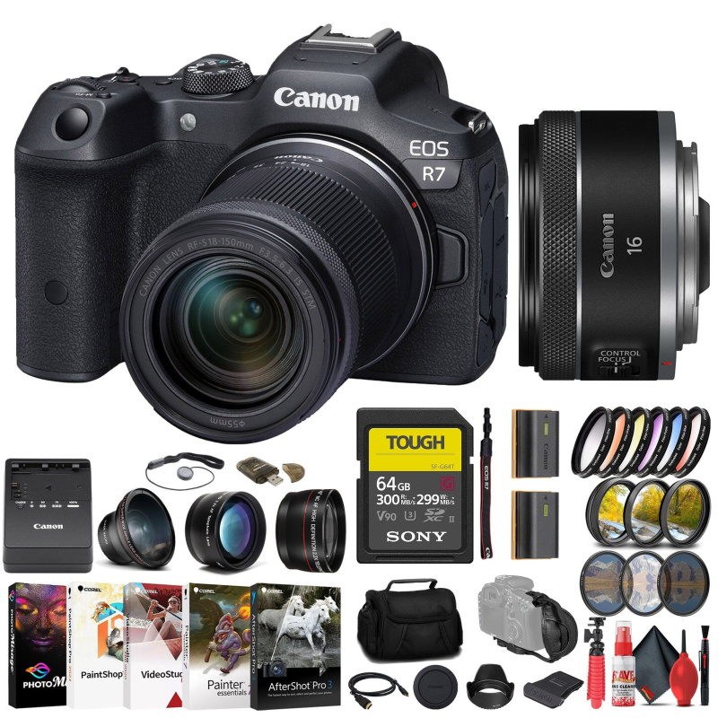 Canon EOS R7 Mirrorless Camera W/ 18-150mm Lens + Canon 16mm Lens + 64GB + More (International Model)