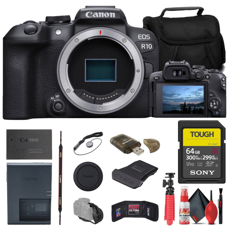 Canon EOS R10 Mirrorless Camera + Sony 64GB TOUGH SD Card + Bag + Reader + More (International Model)