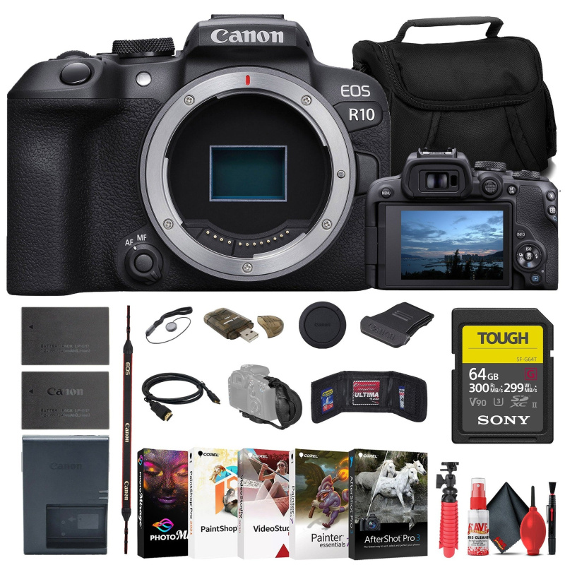 Canon EOS R10 Mirrorless Camera + Sony 64GB TOUGH SD Card + Bag + Charger + More (International Model)