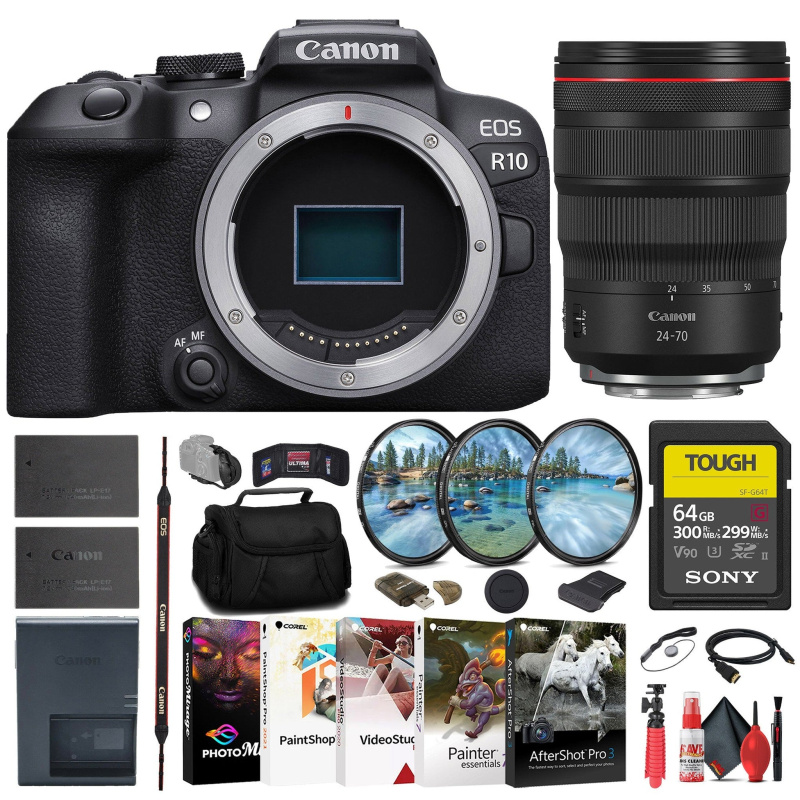 Canon EOS R10 Mirrorless Camera + Canon 24-70mm Lens + 64GB SD Card + More (International Model)