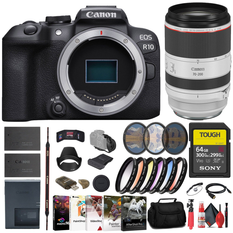 Canon EOS R10 Mirrorless Camera + Canon 70-200mm Lens + 64GB SD Card + More (International Model)