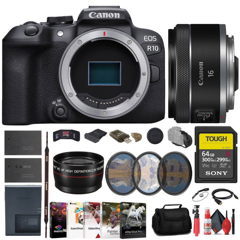 Canon EOS R10 Mirrorless Camera + Canon 16mm Lens + 64GB Card + More (International Model)