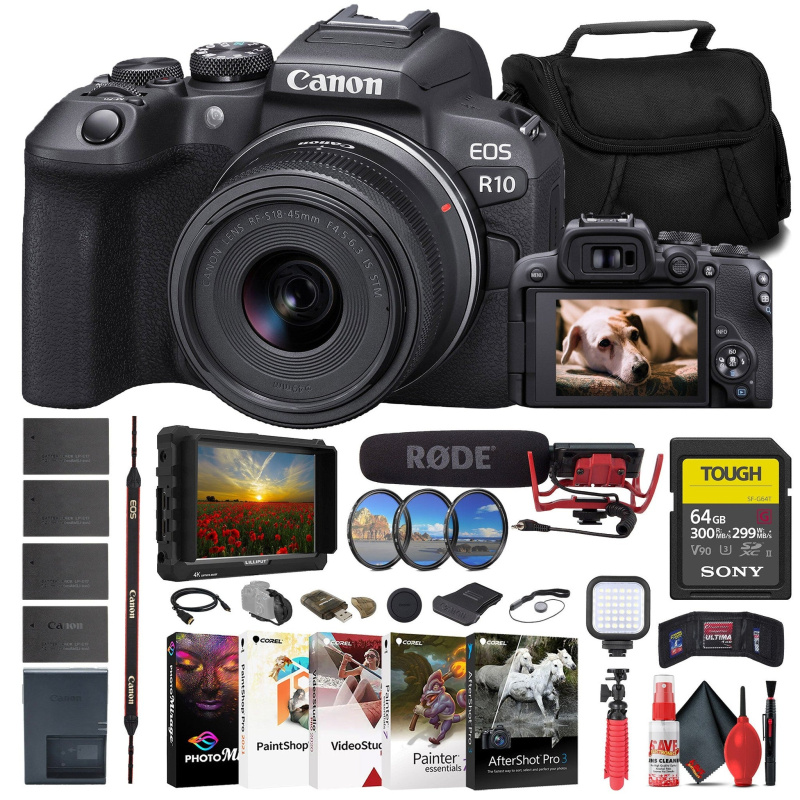Canon EOS R10 Mirrorless Camera W/ 18-45mm Lens + 4K Monitor + VideoMic + More (International Model)