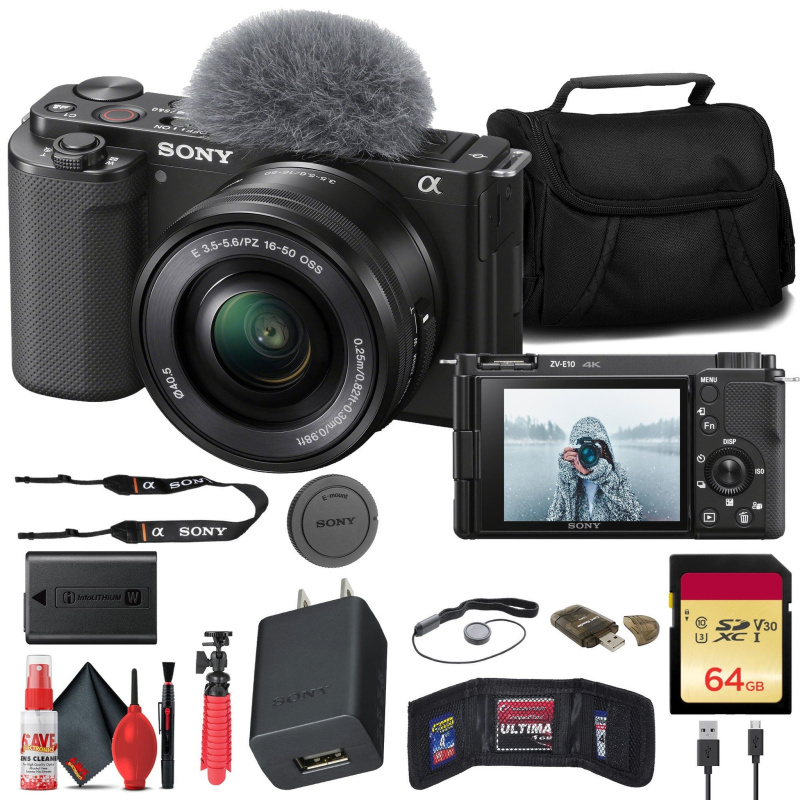 Sony ZV-E10 Mirrorless Camera w/ 16-50mm Lens (Black) + 64GB Card + Flex Tripod