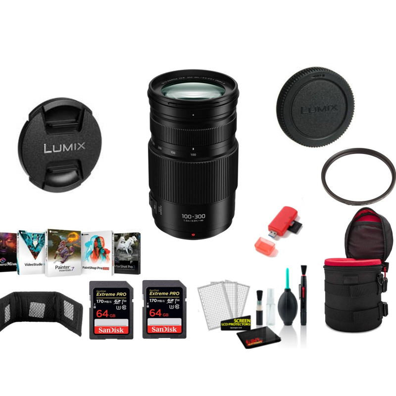 Panasonic Lumix 100-300mm f/4-5.6 II POWER O.I.S. Lens with 2x 64 Memory Cards (International Model)