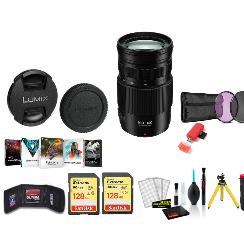 Panasonic Lumix 100-300mm f/4-5.6 II POWER O.I.S. Lens with 2x 128GB Memory Cards (International Model)