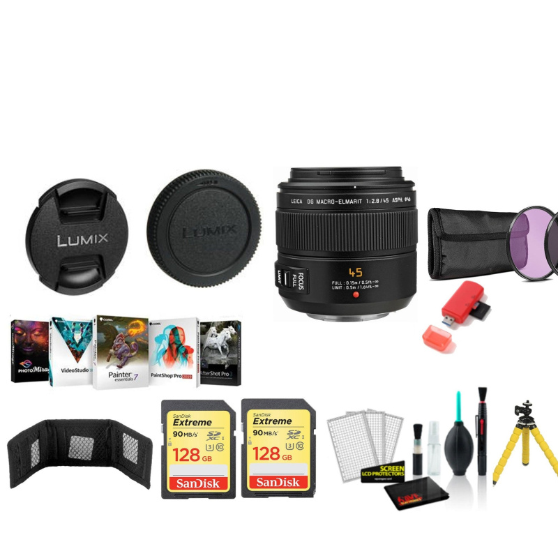 Panasonic Leica DG Macro-Elmarit 45mm f/2.8 ASPH. MEGA O.I.S. Lens with 2x 128GB Memory Cards (International Model)