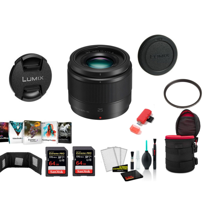 Panasonic Lumix G 25mm f/1.7 ASPH. Lens with 2x 64 Memory Cards and More (International Model) -