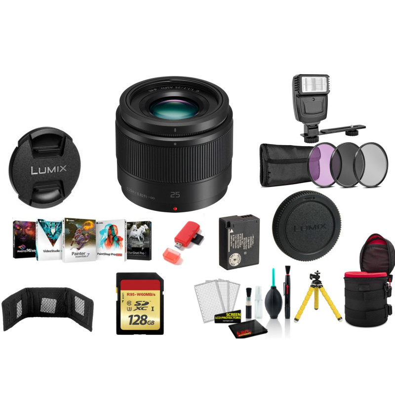 Panasonic Lumix G 25mm f/1.7 ASPH. Lens with 128GB Memory Card and More (International Model) -