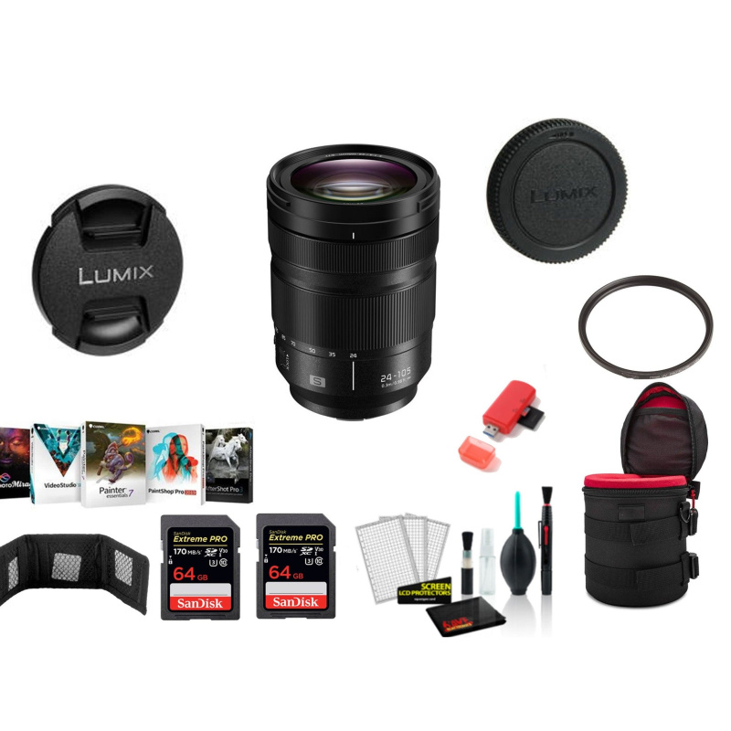 Panasonic Lumix S 24-105mm f/4 Macro O.I.S. Lens with 2x 64 Memory Cards and More (International Model)