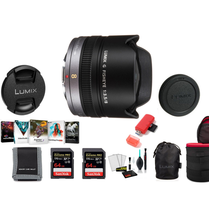 Panasonic Lumix G Fisheye 8mm f/3.5 Lens - Kit with 2x 64 Memory Cards and More