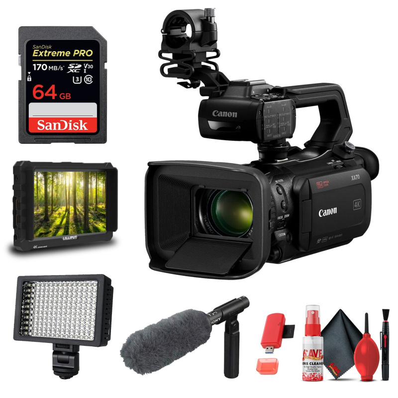 Canon XA70 Camcorder + Microphone, Video Monitor, LED Video Light, & 64GB Card (International Model)