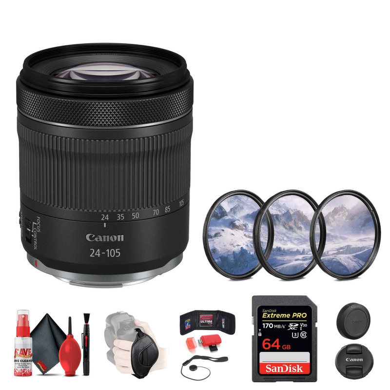 Canon RF 24-105mm f/4-7.1 IS STM Lens + 64GB SD Card + Camera Bag + More (International Model)