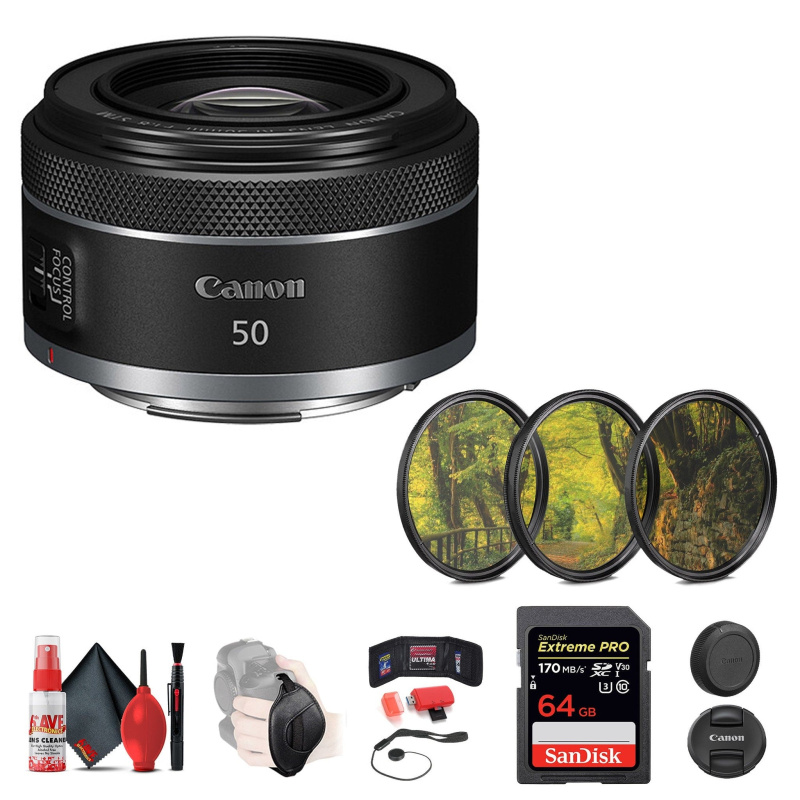 Canon RF 50mm f/1.8 STM Lens + 64GB SD Card + 3-Piece Filter Kit + More (International Model)