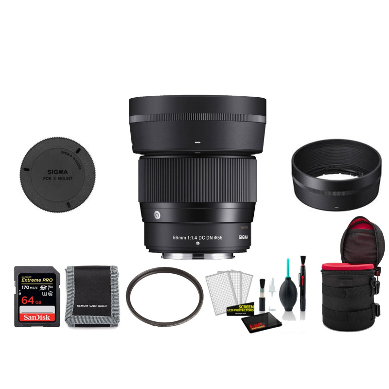 Sigma 56mm f/1.4 DC DN Contemporary Lens for FUJIFILM X - with 64GB Memory Card and More