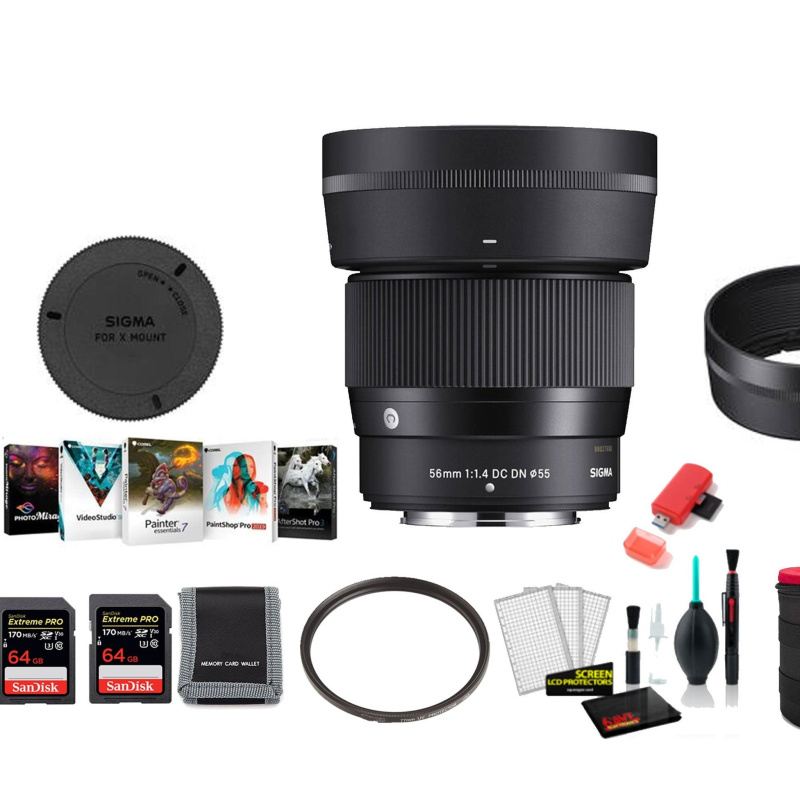 Sigma 56mm f/1.4 DC DN Contemporary Lens for FUJIFILM X - with 2X 64GB Memory Card, Editing Software and More