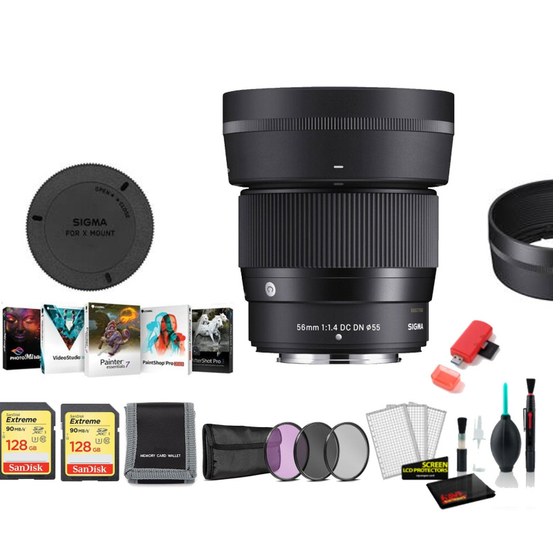 Sigma 56mm f/1.4 DC DN Contemporary Lens for FUJIFILM X - with 2X 128G Memory Card, Editing Software and More