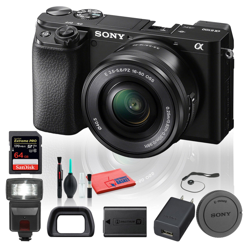 Sony Alpha a6100 Mirrorless Digital Camera (ILCE6100L/B) with 16-50mm Lenses With Flash, 64GB Memory Card, Cleaning Set and More - Base Bundle