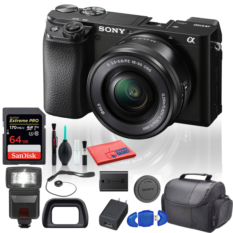 Sony Alpha a6100 Mirrorless Digital Camera (ILCE6100L/B) with 16-50mm Lenses With Flash, 64GB Memory Card, Padded Bag, and More - Beginner Bundle