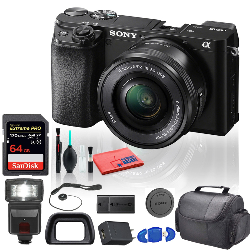 Sony Alpha a6100 Mirrorless Digital Camera (ILCE6100L/B) with 16-50mm Lenses With Flash, Extra Battery,  64GB Memory Card, Padded Bag, and More - Extr