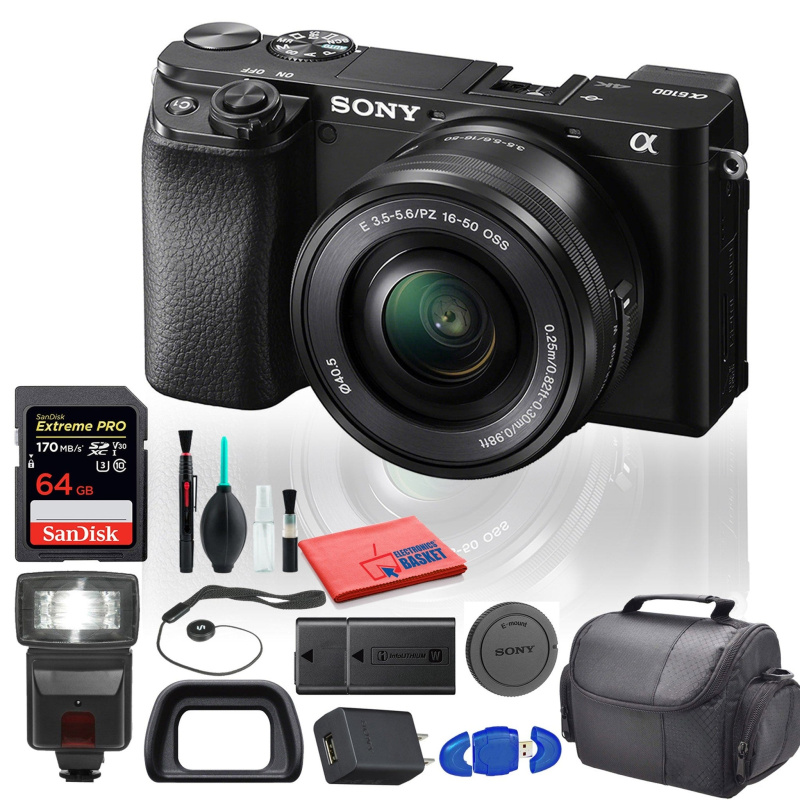 Sony Alpha a6100 Mirrorless Digital Camera (ILCE6100L/B) with 16-50mm Lenses With Flash, Extra Battery, Tripod, 64GB Memory Card, Padded Bag, and More