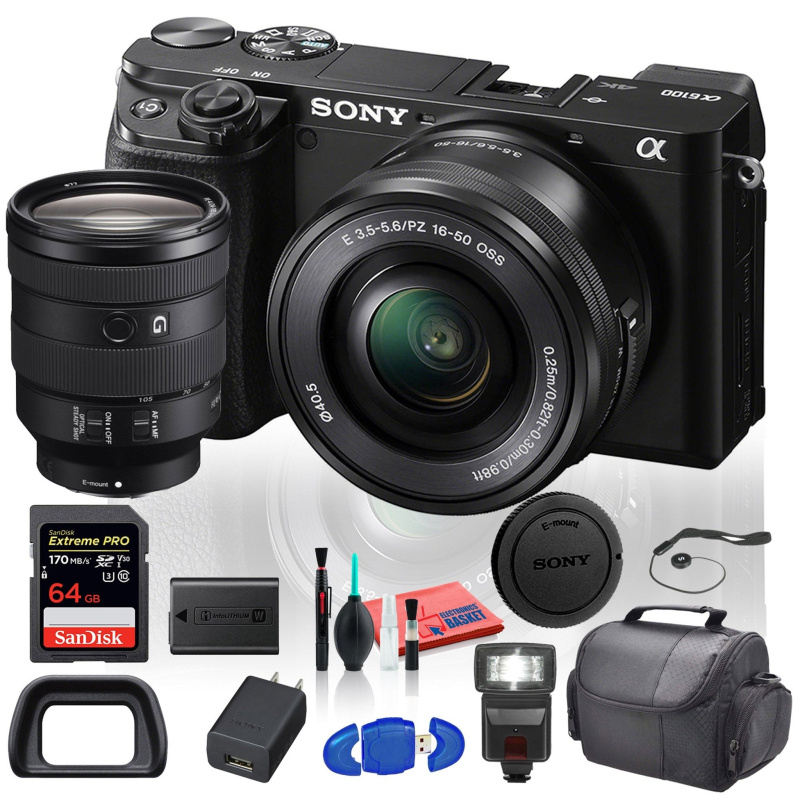 Sony Alpha a6100 Mirrorless Digital Camera (ILCE6100L/B) with 16-50mm Lenses With Sony FE 24-105mm f/4 G OSS Lens, Flash, Soft Case, 64GB Card  - Lens