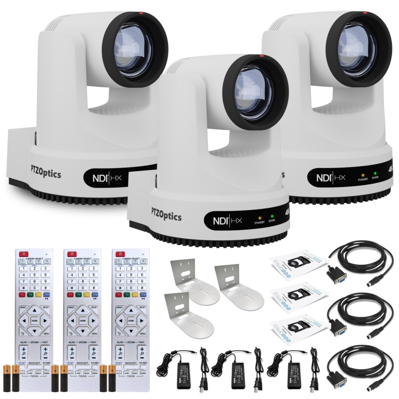 3 x PTZOptics Move 4K PTZ Camera with 12x Optical Zoom (White) (PT12X-4K-WH-G3) + 3 x Wall Mount