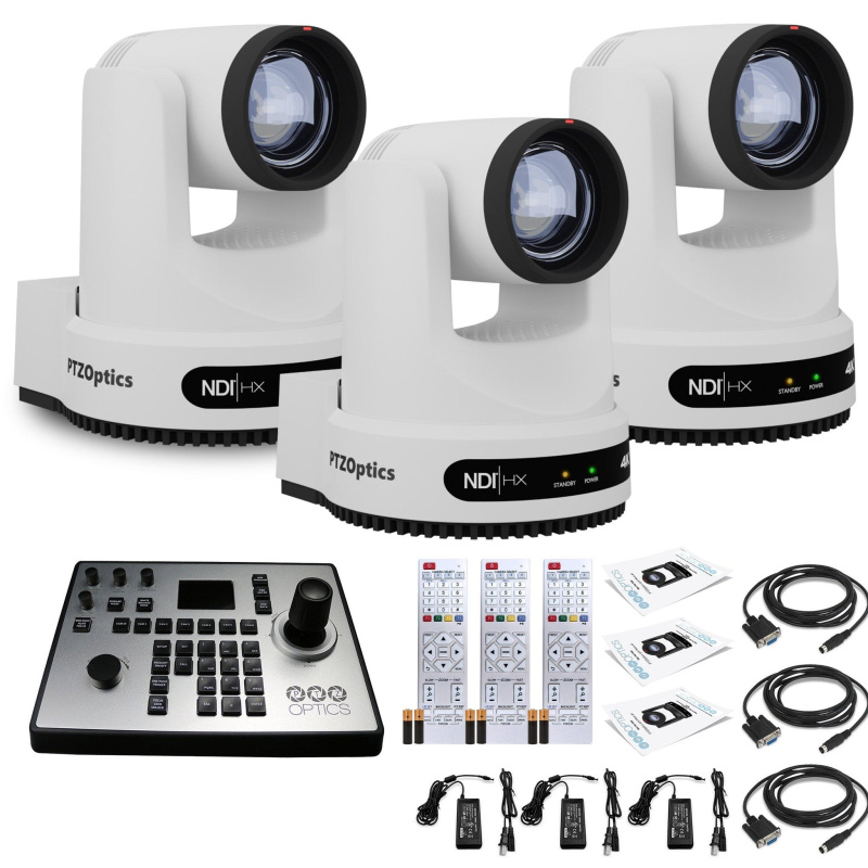 3 x PTZOptics Move 4K PTZ Camera with 12x Zoom (White) (PT12X-4K-WH-G3) + PT-JOY-G4 Controller