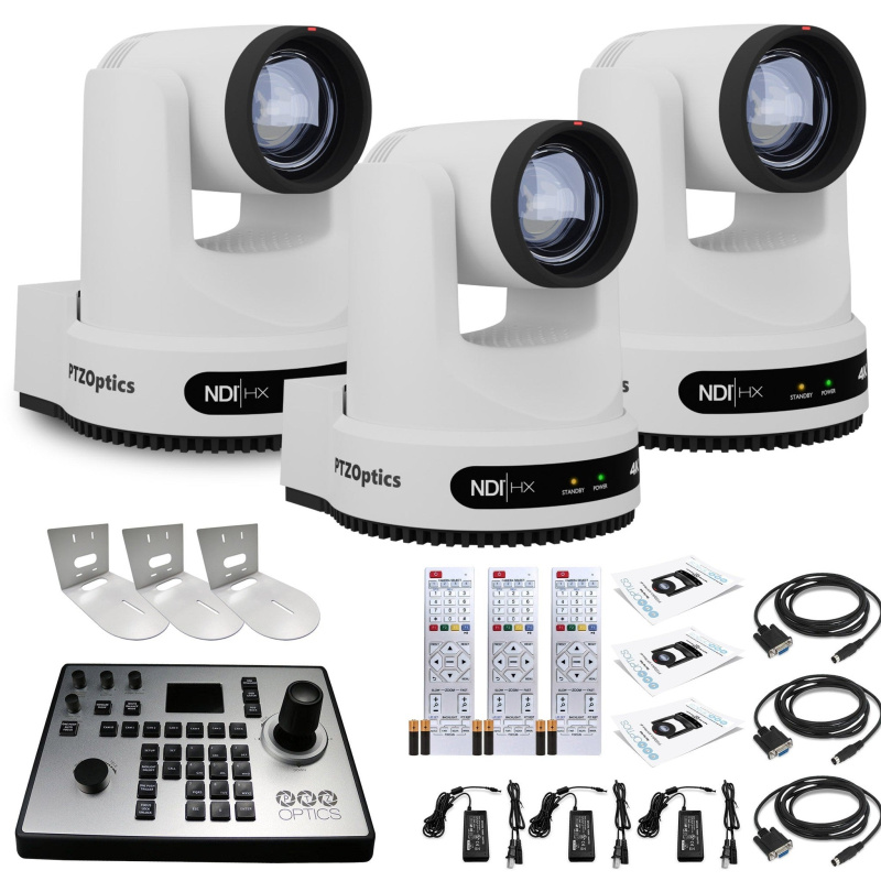 3 x PTZOptics Move 4K PTZ Camera with 12x Zoom (White) (PT12X-4K-WH-G3) + PT-JOY-G4 Controller + 3 x Wall Mount