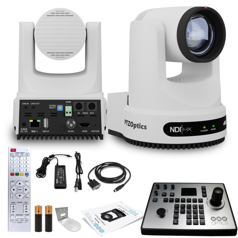 PTZOptics Move 4K PTZ Camera with 20x Zoom (White) (PT20X-4K-WH-G3) + PT-JOY-G4 Controller + Wall Mount