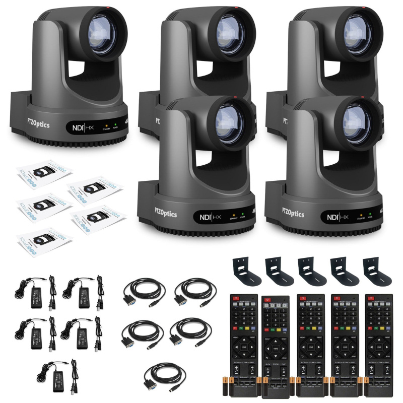 5 x PTZOptics Move 4K PTZ Camera with 20x Zoom (Gray) (PT20X-4K-GY-G3) + 5 x Wall Mount