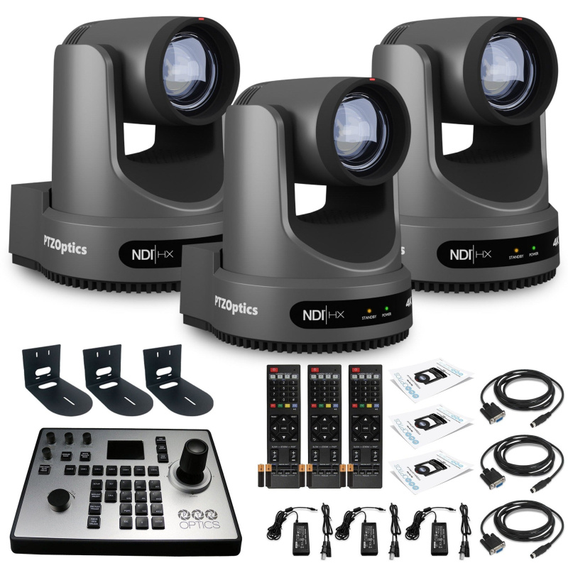 3 x PTZOptics Move 4K PTZ Camera with 20x Zoom (Gray) (PT20X-4K-GY-G3) + PT-JOY-G4 Controller + 3 x Wall Mount