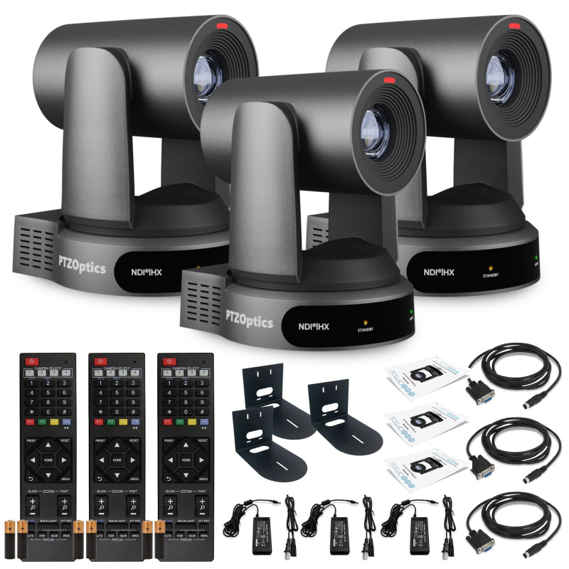 3 x PTZOptics Move 4K PTZ Camera with 30x Zoom (Gray) (PT30X-4K-GY-G3) + 3 x Wall Mount