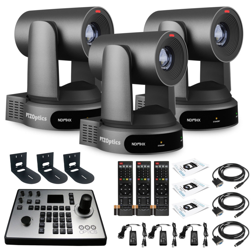 3 x PTZOptics Move 4K PTZ Camera with 30x Zoom (Gray) (PT30X-4K-GY-G3) + PT-JOY-G4 Controller + 3 x Wall Mount
