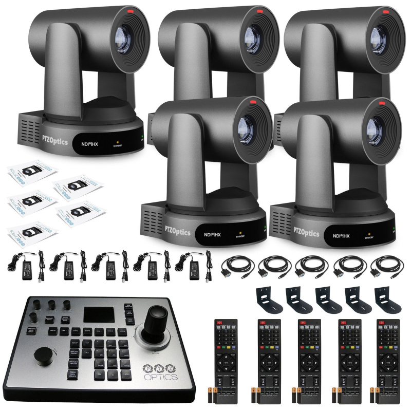 5 x PTZOptics Move 4K PTZ Camera with 30x Zoom (Gray) (PT30X-4K-GY-G3) + PT-JOY-G4 Controller + 5 x Wall Mount