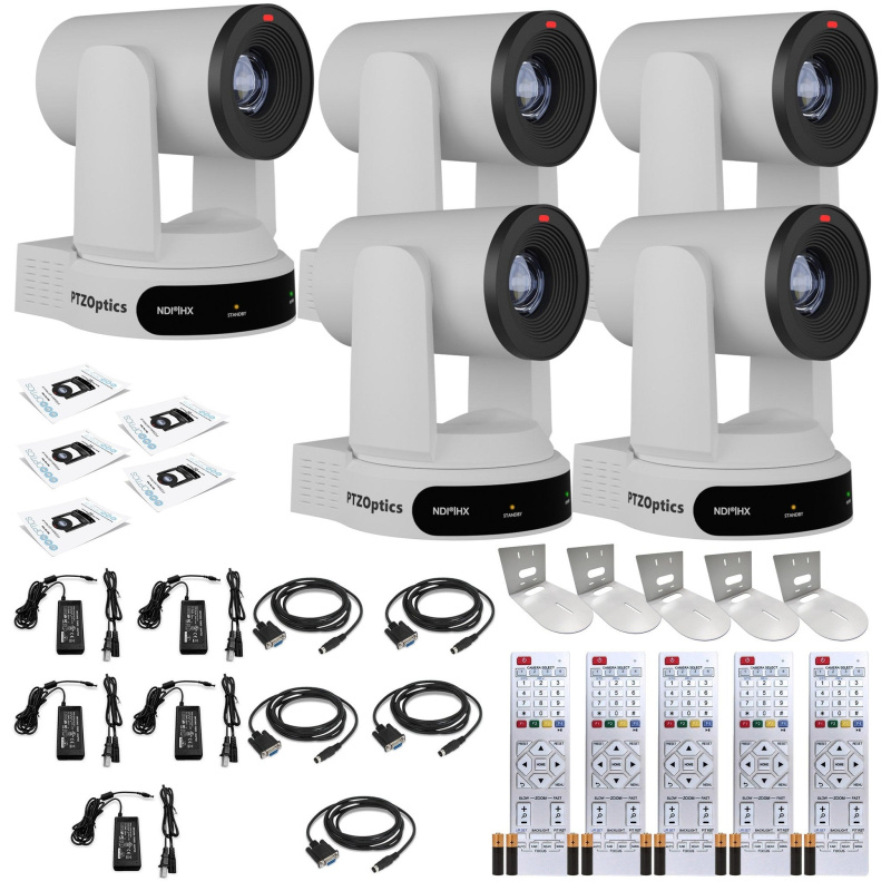 5 x PTZOptics Move 4K PTZ Camera with 30x Zoom (White) (PT30X-4K-WH-G3) + 5 x Wall Mount