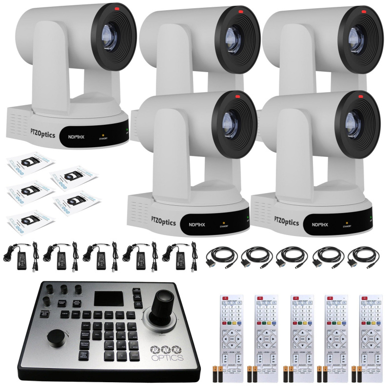 5 x PTZOptics Move 4K PTZ Camera with 30x Zoom (White) (PT30X-4K-WH-G3) + PT-JOY-G4 Controller