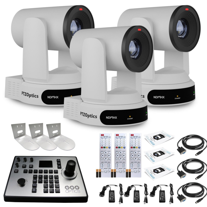 3 x PTZOptics Move 4K PTZ Camera with 30x Zoom (White) (PT30X-4K-WH-G3) + PT-JOY-G4 Controller + 3 x Wall Mount