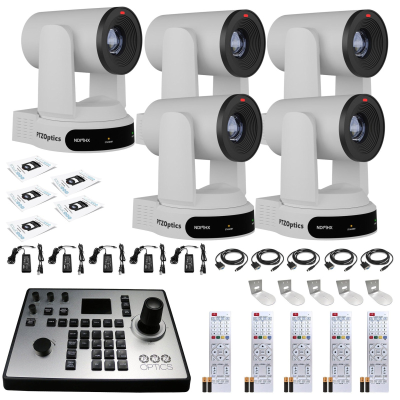 5 x PTZOptics Move 4K PTZ Camera with 30x Zoom (White) (PT30X-4K-WH-G3) + PT-JOY-G4 Controller + 5 x Wall Mount