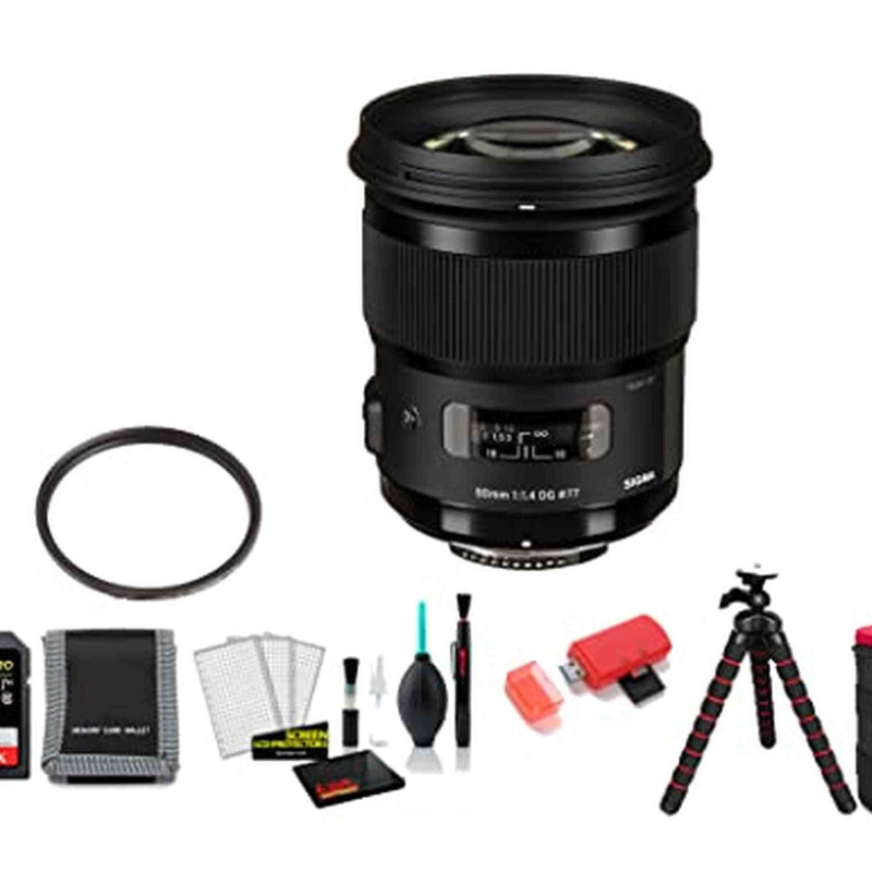 Sigma 50mm f/1.4 DG HSM Art Lens for Nikon F with 64GB Memory Card and UV Filter (International Model)