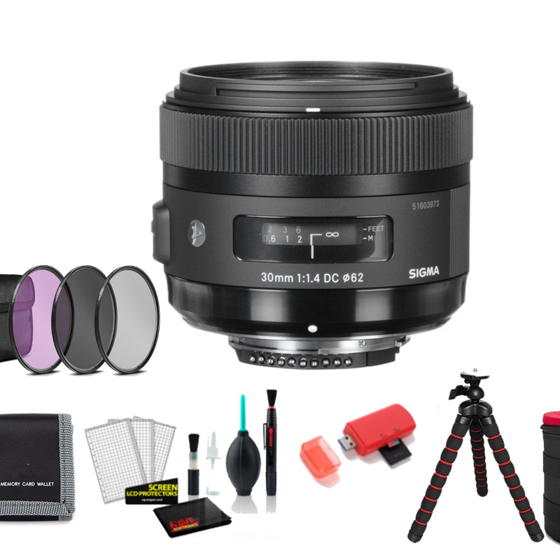 Sigma 30mm f/1.4 DC HSM Art Lens for Nikon F with 128GB Memory Card and Filter Kit