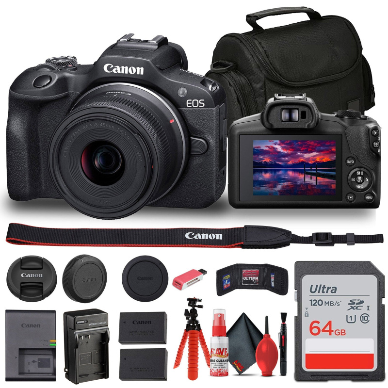 Canon EOS R100 Mirrorless Camera with 18-45mm Lens + Bag + 64GB Card + LPE17 Battery + More (International Model)